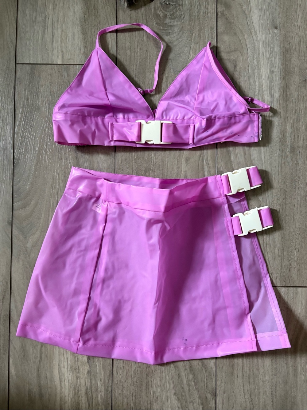 IHeartRaves Pink Two-Piece Buckle Bikini Top and Mini Skirt Set